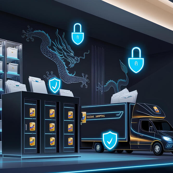 Secure Document Shipping from China | DHL/FedEx Tracking - AliVAinChina Cyber vault in Beijing with glowing DHL drones and encrypted document folders. AliVA ensures secure, real-time global shipping from China.