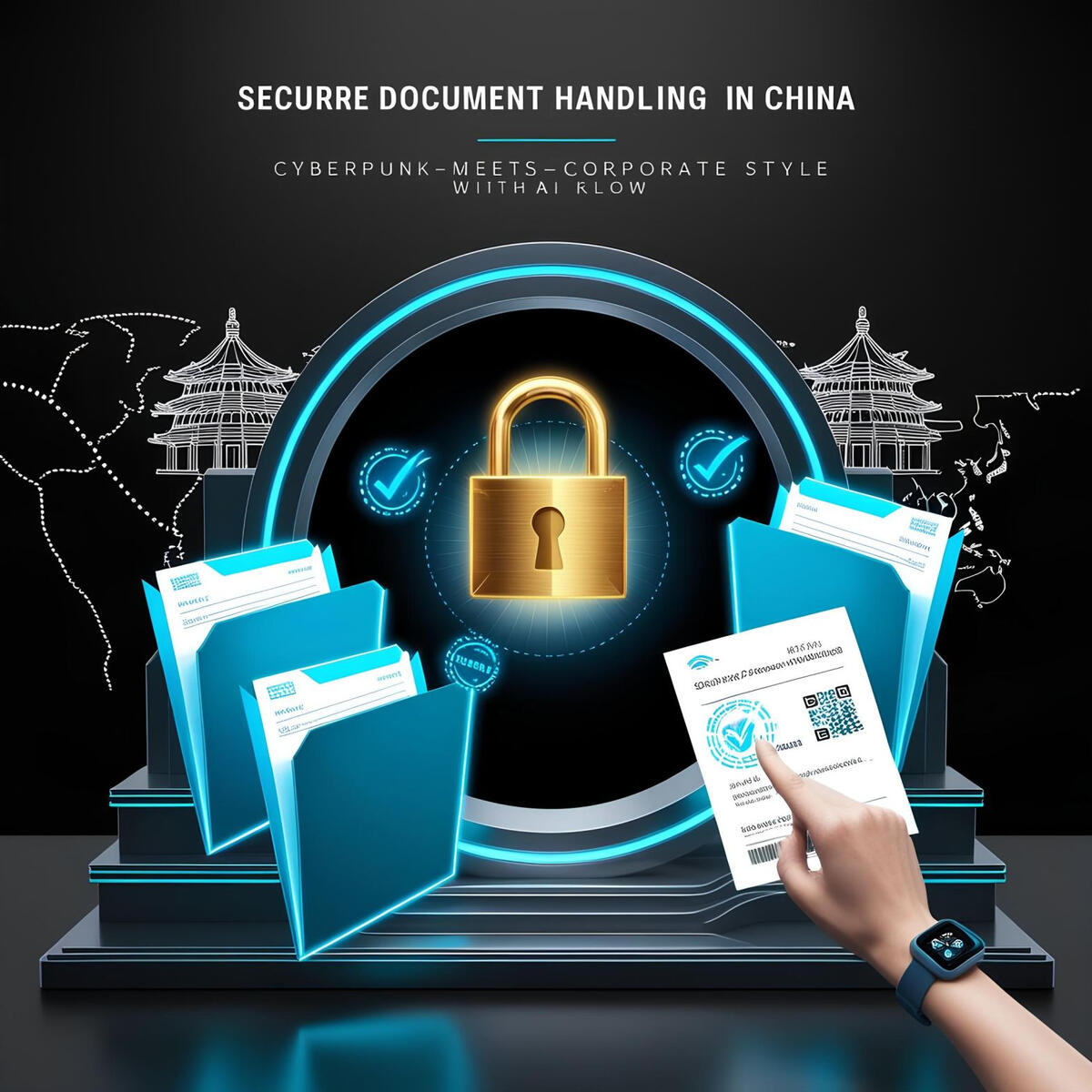 Secure Document Handling in China: Encrypted Shipping & 24/7 Tracking | AliVAinChina Professional staff in a secure Shanghai facility handling confidential documents, with DHL and FedEx couriers preparing parcels for global shipping. AliVA inChina ensures encrypted handling, compliance checks, and real-time tracking for legal, medical, or