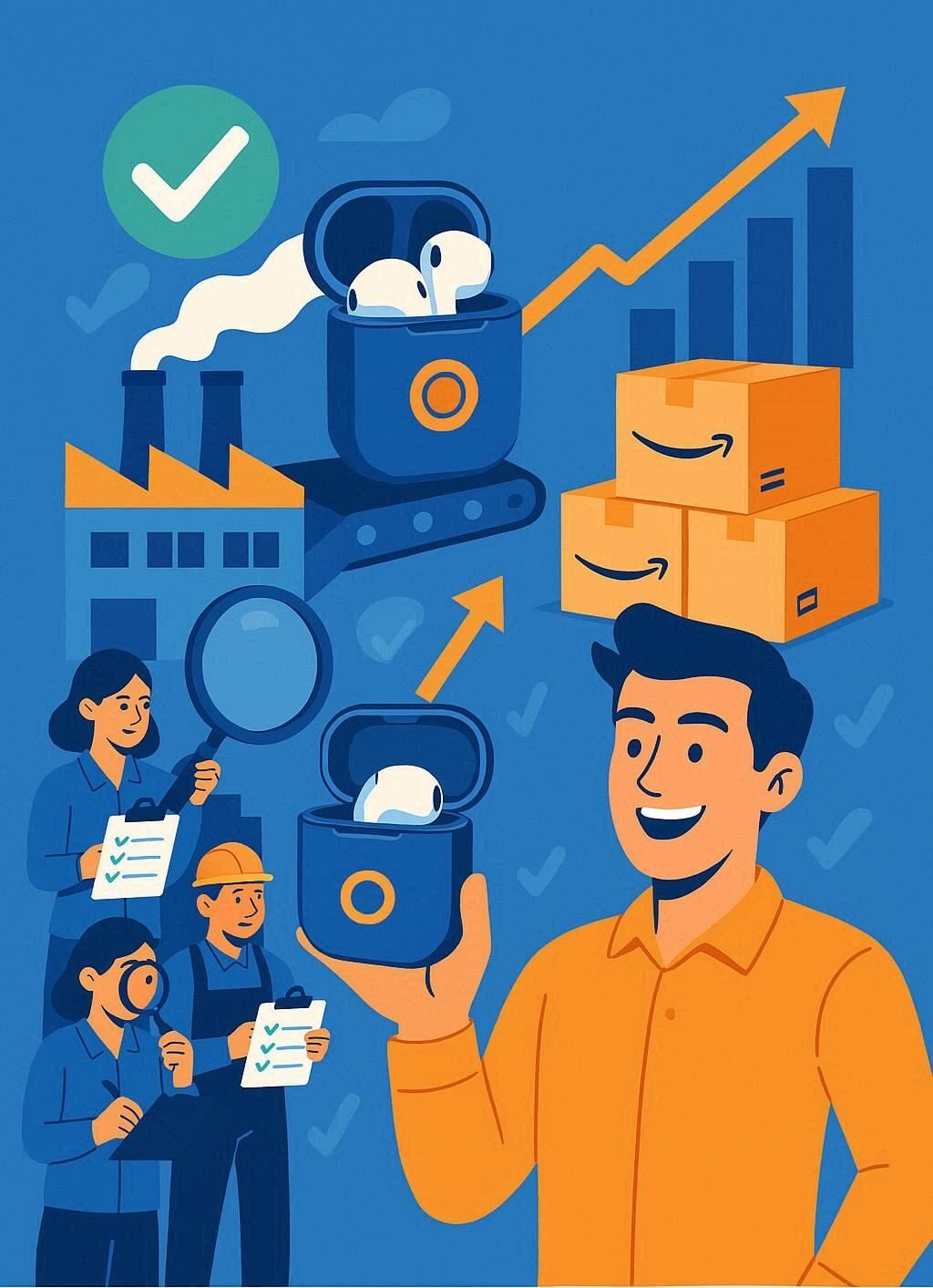 vibrant vector illustration of an Amazon seller confidently building a successful private label brand: show a modern product (like a branded gadget) emerging from a Chinese factory with quality inspectors checking it using magnifiers and checklists, green checkmarks for assurance, arrows leading to Amazon boxes and sales growth charts, in flat design style with blue and orange tones.